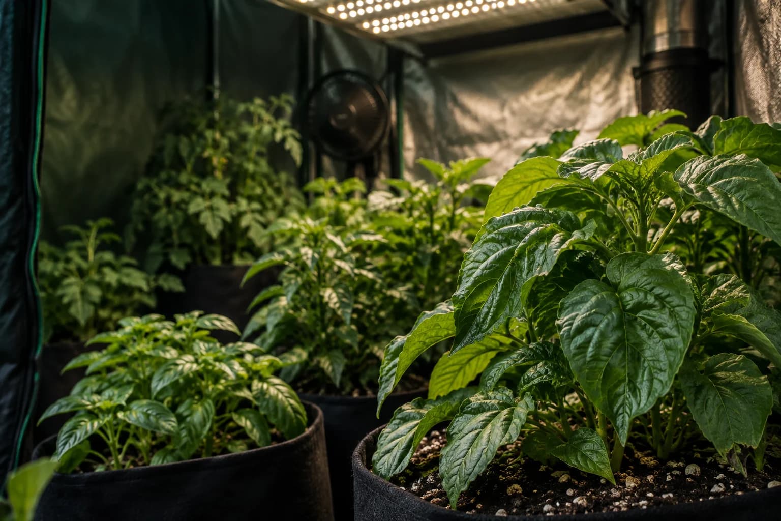 Gesunde Jungpflanzen in einem Growzelt unter LED-Beleuchtung