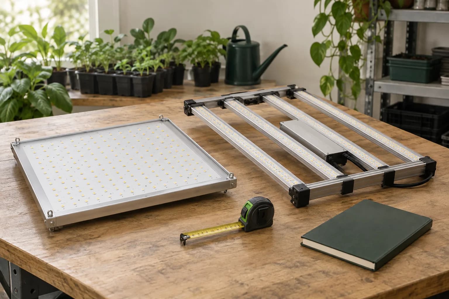 LED-Pflanzenleuchten, Maßband und Notizbuch auf einer Werkbank